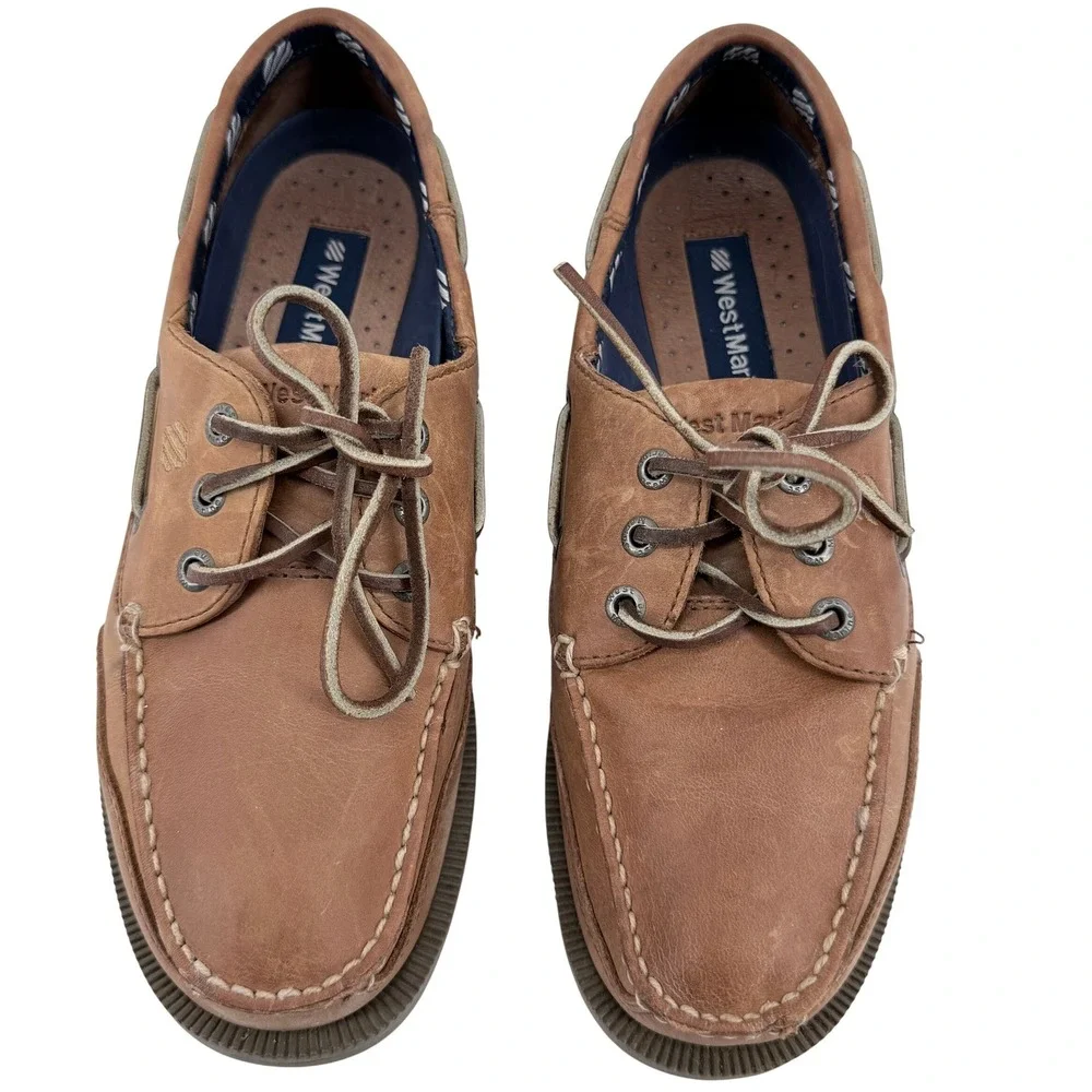 West Marine Mens Classic Comfort Mocs Tan Leather Boat Shoes Size 8.5